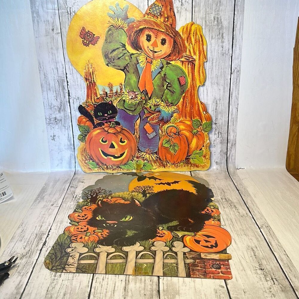 Vintage Evil Black Cat and Scarecrow Die‎ Cut Sign Decorations Cardboard